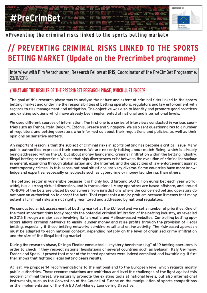 Preventing criminal risks linked to the sports betting market (update on the Precrimbet programme)
